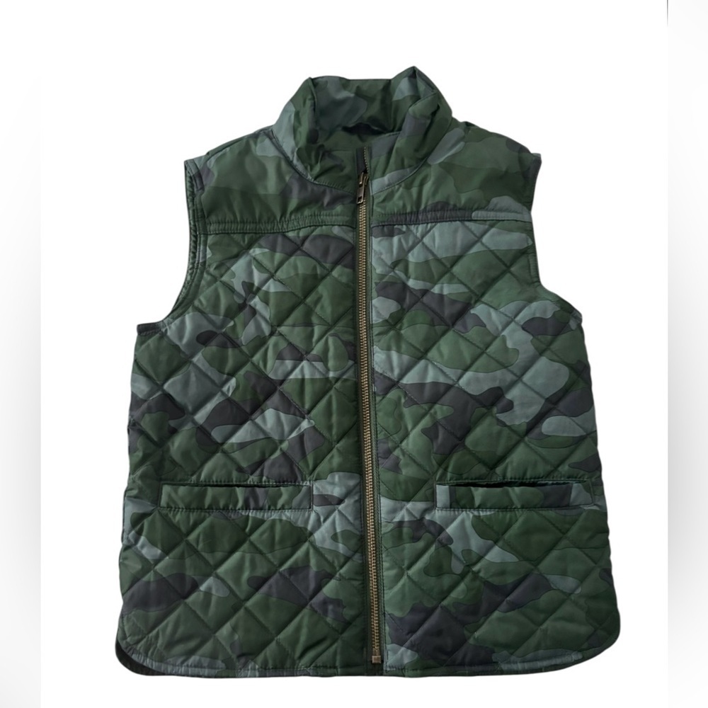 Crewcuts Camo Camouflage Puffer Vest Sz 6/7 Unisex Full Zip Pockets Green Gray